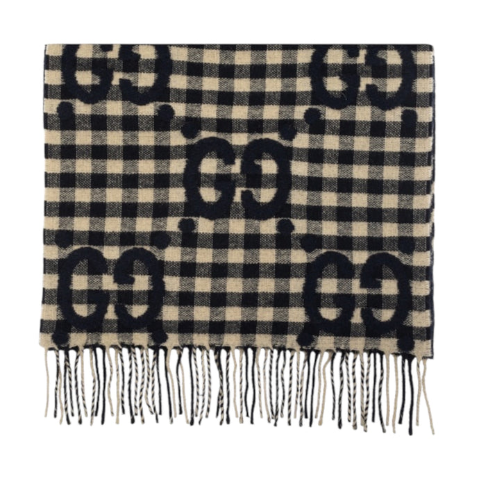 Gucci Beige & Navy GG Jacquard Wool Scarf