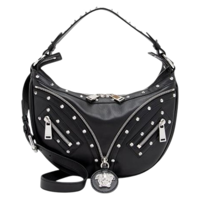 Versace Bag, Black Leather Studded Repeat Hobo Bag