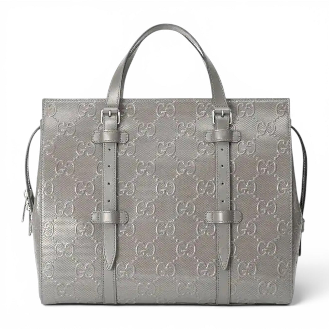 Gucci Bag, Grey Embossed Leather Medium GG Tote