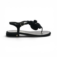 Chanel Shoes, Black Velvet Pearl Camellia Thong Sandals (size 37)