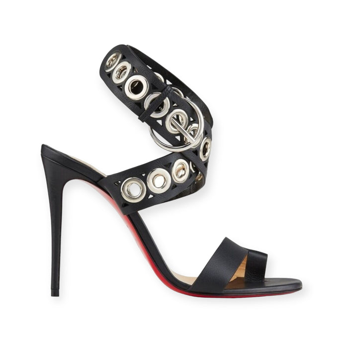 Christian Louboutin Shoes, Black Grommet Leather Red Sole Crisscross Heeled Sandals (size 38)