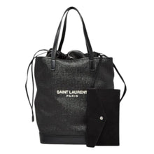 Saint Laurent Bag, Black Raffia & Leather Teddy Drawstring Tote Bag