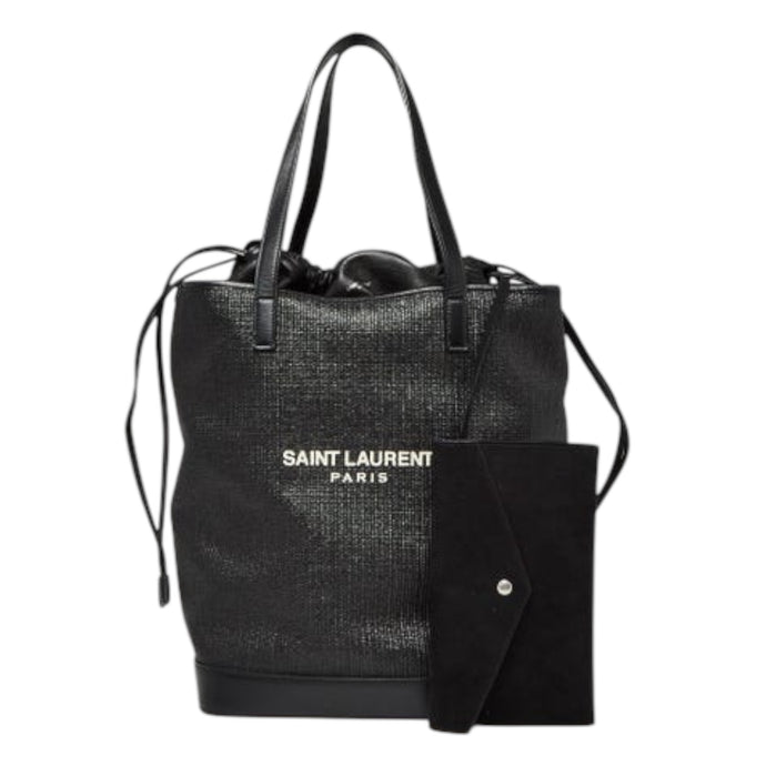 Saint Laurent Bag, Black Raffia & Leather Teddy Drawstring Tote Bag