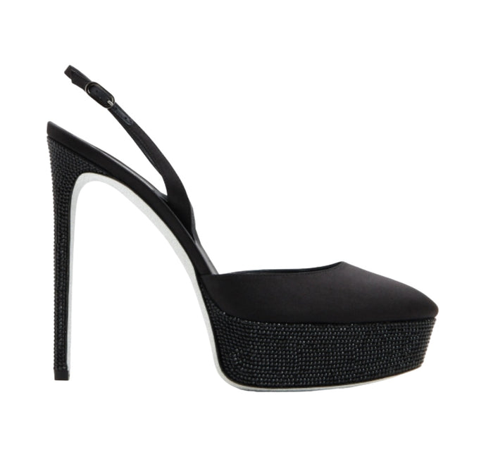 René Caovilla Shoes, Black Satin Pumps with Hematite (size 37.5)
