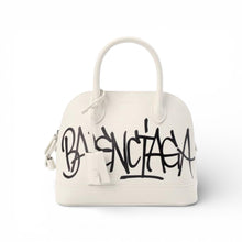 Balenciaga Bag, White Leather Graffiti Logo Print Ville Top Handle Bag