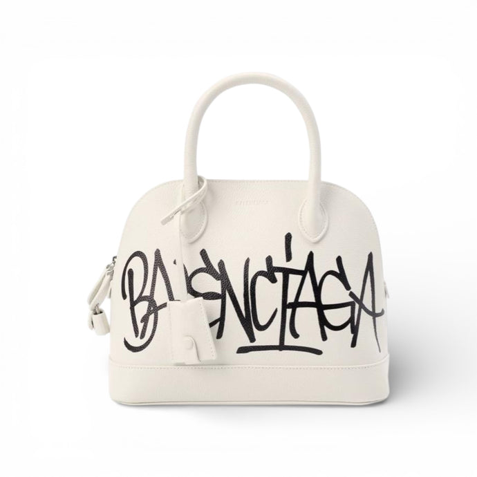 Balenciaga Bag, White Leather Graffiti Logo Print Ville Top Handle Bag
