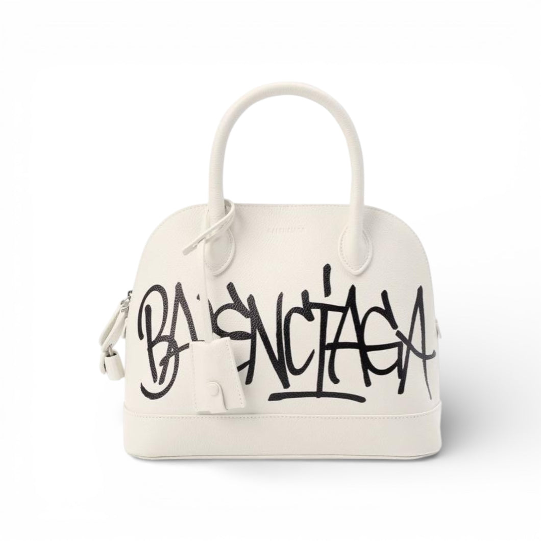 Balenciaga Bag, White Leather Graffiti Logo Print Ville Top Handle Bag