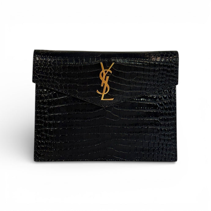 Saint Laurent Bag, Black Croc-Embossed Thin Envelope Uptown Clutch