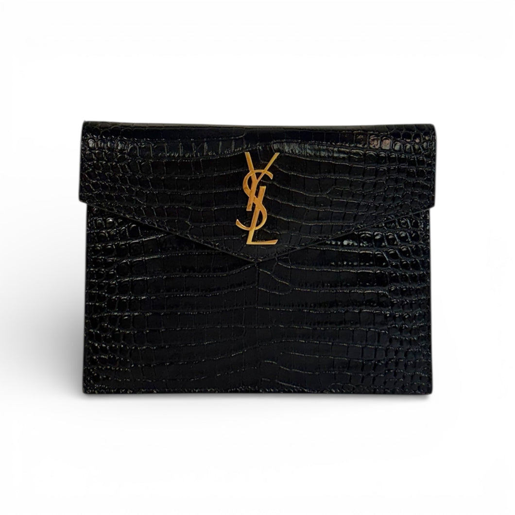 Saint Laurent Bag, Black Croc-Embossed Thin Envelope Uptown Clutch
