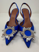 Amina Muaddi Shoes, Blue Begum Satin Sling Sandals (size 37.5)