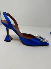 Amina Muaddi Shoes, Blue Begum Satin Sling Sandals (size 37.5)