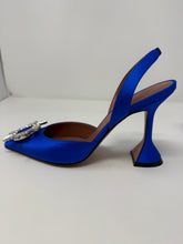 Amina Muaddi Shoes, Blue Begum Satin Sling Sandals (size 37.5)