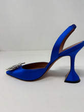 Amina Muaddi Shoes, Blue Begum Satin Sling Sandals (size 37.5)