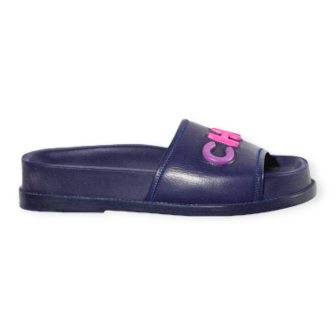 Chanel Shoes, Navy Leather “CHA-NEL” Slides (size 39)