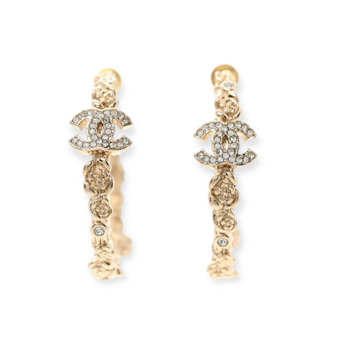 Chanel Crystal Camellia CC Hoop Earrings