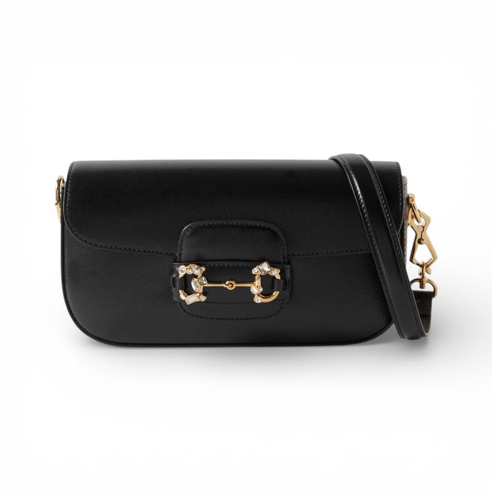 Gucci Bag, Black Horsebit 1955 Embellished Textured-Leather Bag
