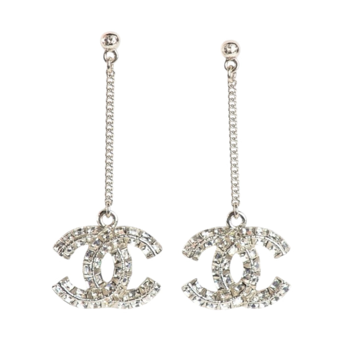 Chanel Silver Baguette Crystal CC Dangle Earrings