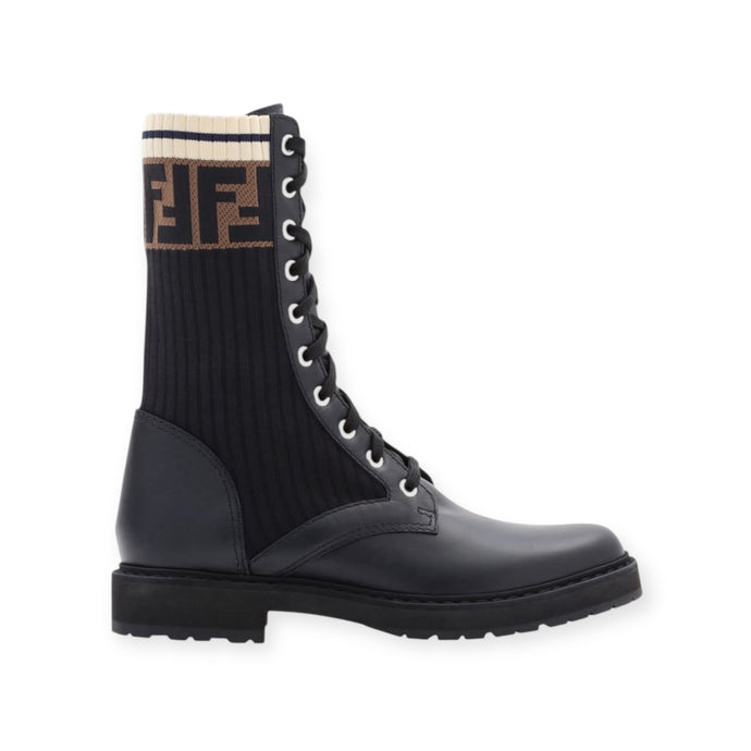 Fendi Shoes, Black Calfskin Stretch Fabric Rockoko Biker Boots (size 38.5)