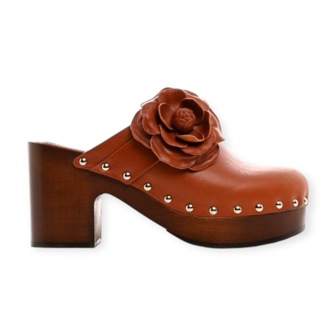 Chanel Shoes, Tan Calfskin Camellia Clogs (size 39)