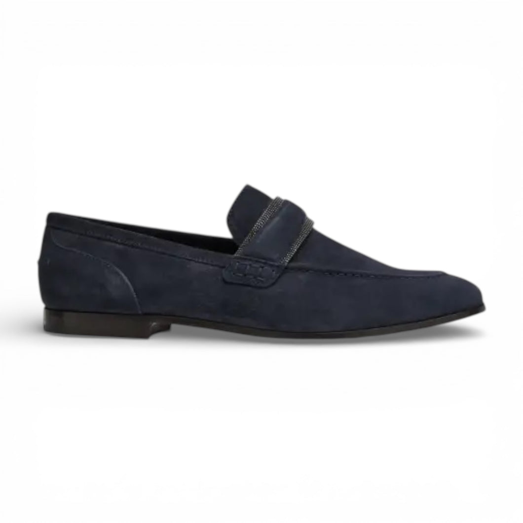 Brunello Cucinelli Shoes, Navy Suede Monili-Embellished Loafers (size 38)
