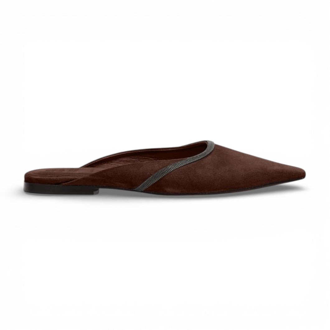 Brunello Cucinelli Shoes, Brown Suede Monili-Embellished Ballerina Mules (size 38)
