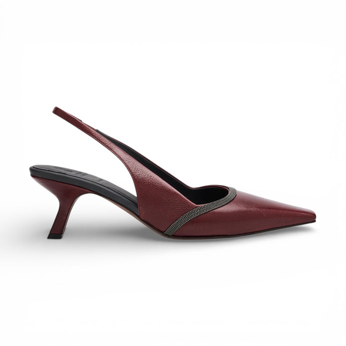 Brunello Cucinelli Shoes, Burgundy Leather Monili-Embellished Slingback Pumps (size 38)