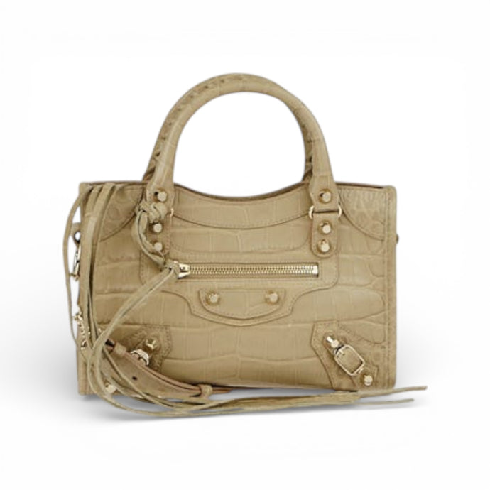Balenciaga Bag, Beige Croc Embossed Leather Mini City Bag