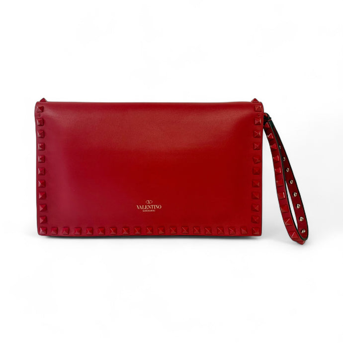 Valentino Bag, Red Leather Nappa Rockstud Wristlet Clutch