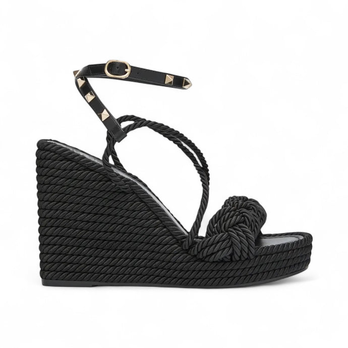 Valentino Shoes, Black Rockstud Torchon 115mm Espadrille Sandals (size 38)