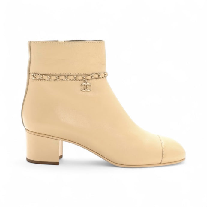 Chanel Shoes, Beige Calfskin Cap Toe Chain Short Boots (size 39)