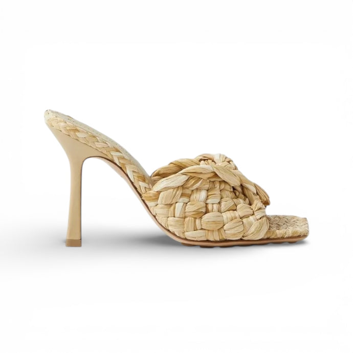 Bottega Veneta Shoes, Tan Raffia Stretch Heeled Mules (size 41)