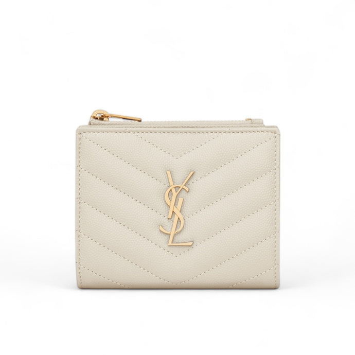 Saint Laurent Ivory Grain De Poudre Matelasse Chevron Monogram Zipped Card Case