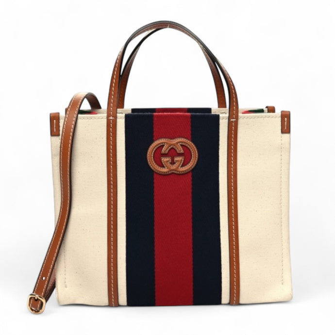 Gucci Bag, Canvas Calfskin Web Small Interlocking G Tote Bag