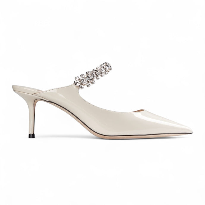 Jimmy Choo Shoes, Cream Patent Leather Mules with Crystal Strap