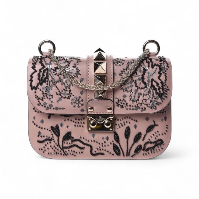 Valentino Bag, Blush lVitello Sequin Embellished Small Glam Lock Rockstud Flap Bag