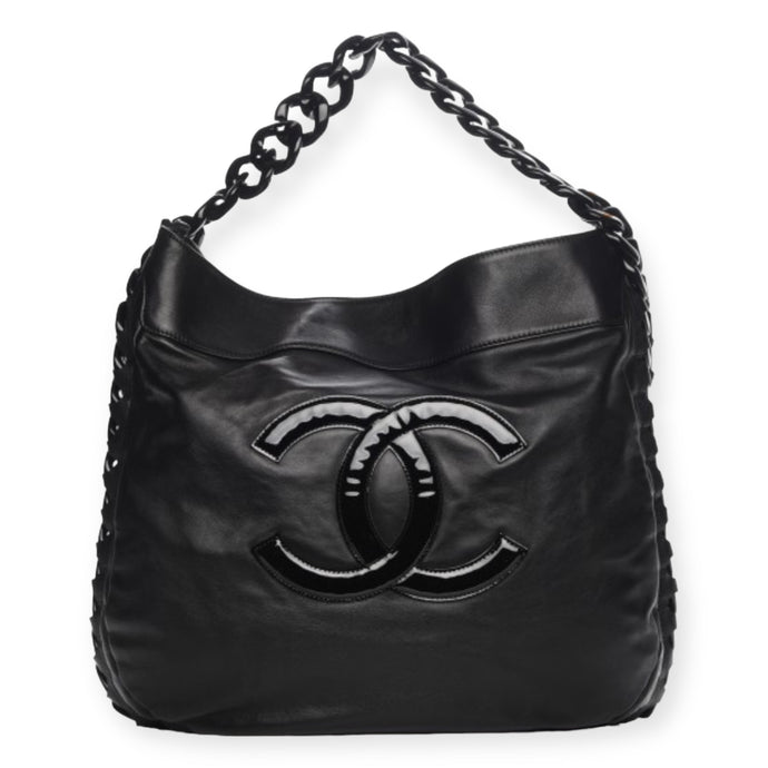 Chanel Bag, Black Calfskin Modern Chain Rhodoid Large Hobo Tote