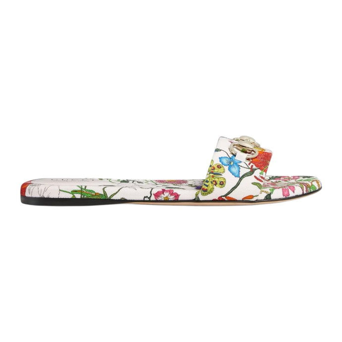 Gucci Shoes, White Floral Slide Sandals with Horsebit (size 40.5)