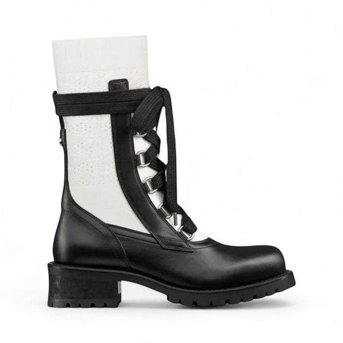 Christian Dior Shoes, Black Calfskin Knit Fabric Diorland Combat Boots (size 38.5)