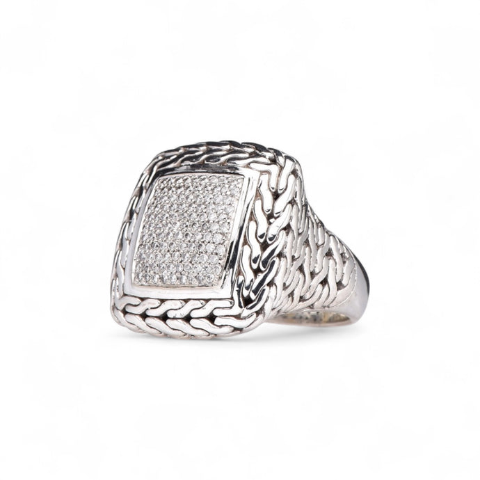 John Hardy Sterling Silver 18K Yellow Gold Diamond Classic Chain Square Ring