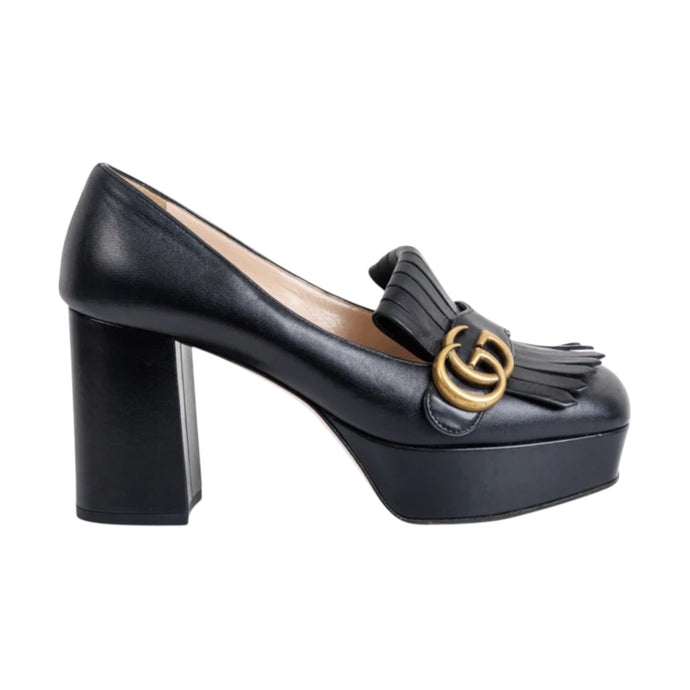 Gucci Shoes, Black Leather GG Marmont Fringe Platform Pumps (size 36.5)
