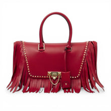 Valentino Bag, Red Smooth Leather Fringed Demilune Flap Satchel Bag
