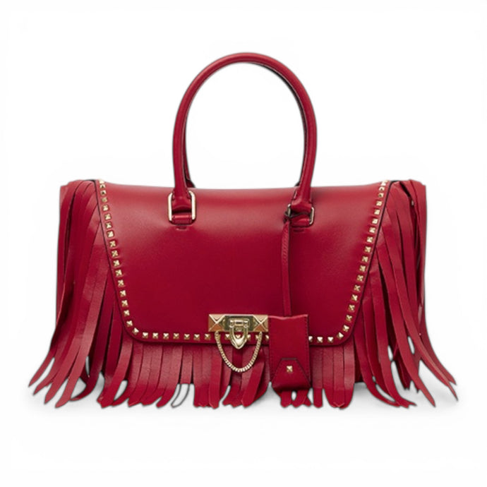 Valentino Bag, Red Smooth Leather Fringed Demilune Flap Satchel Bag