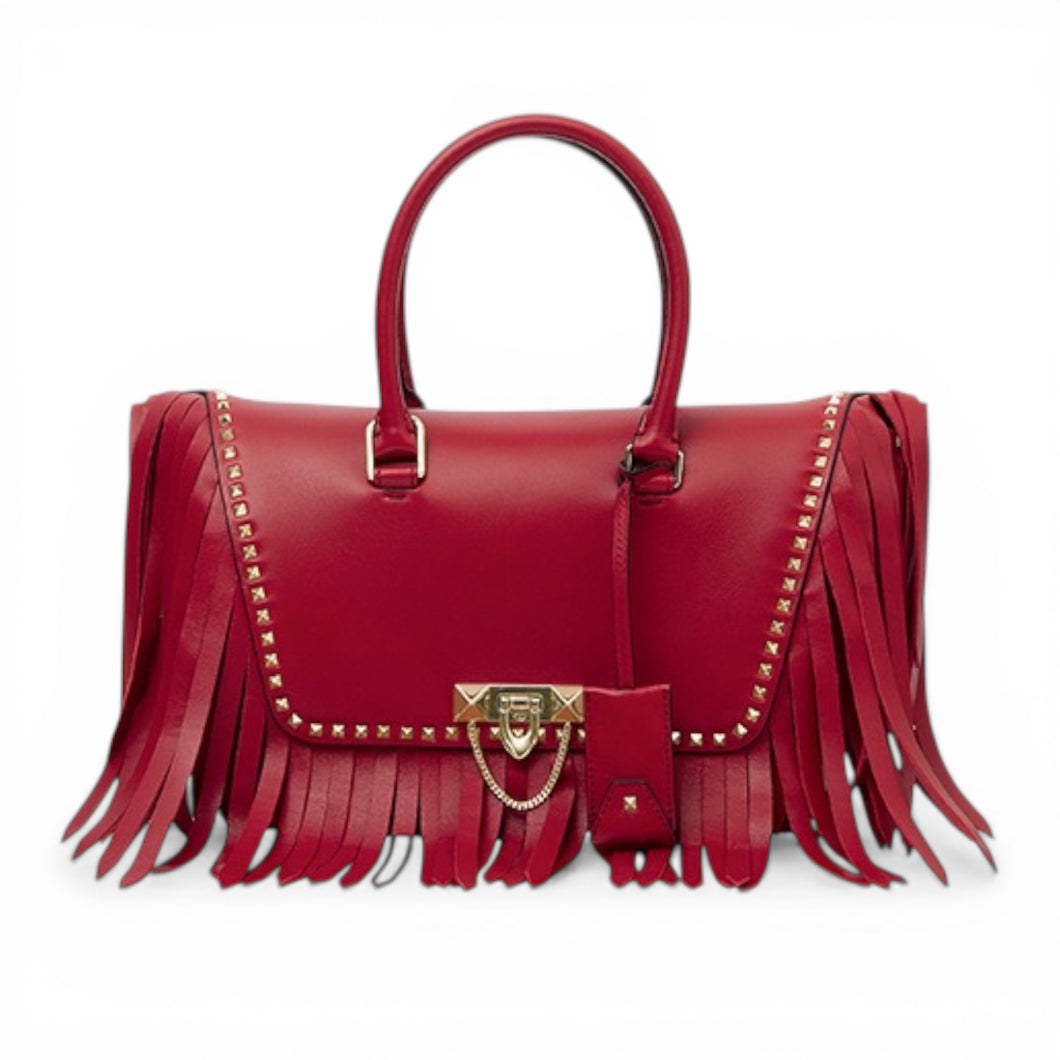 Valentino Bag, Red Smooth Leather Fringed Demilune Flap Satchel Bag