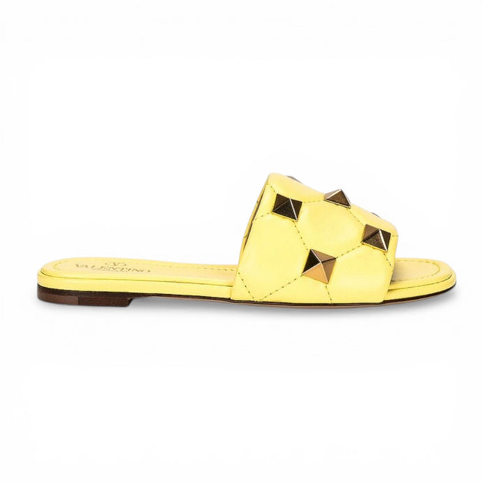 Valentino Shoes, Yellow Leather Roman Stud Flat Slides (size 40.5)