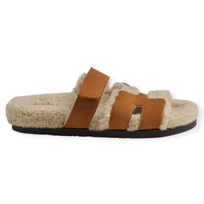 Hermès Shoes, Tan Suede & Shearling Chypre Sandals (size 42)