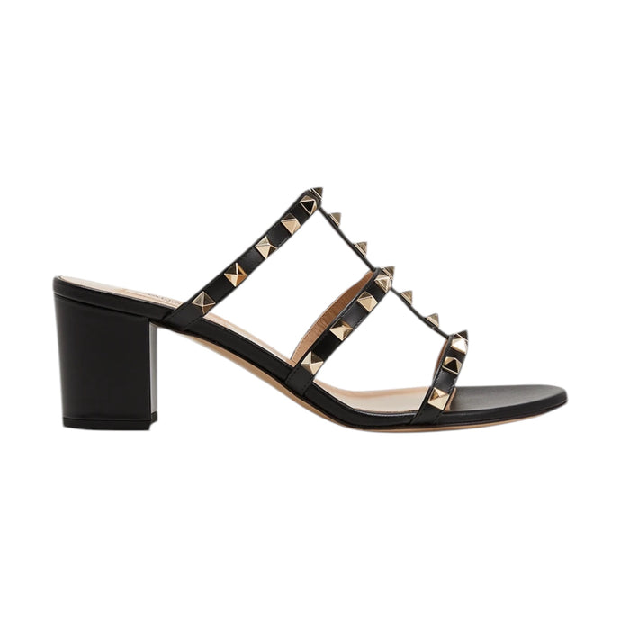 Valentino Shoes, Black Leather Rockstud Caged 60mm Slide Sandals (size 38)