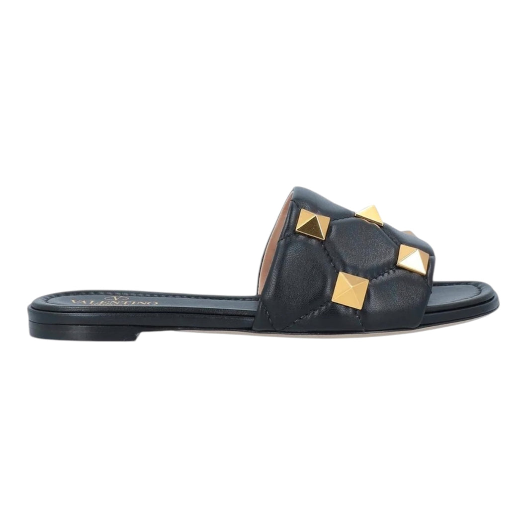 Valentino Shoes, Black Leather Roman Stud Flat Slides (size 40.5)