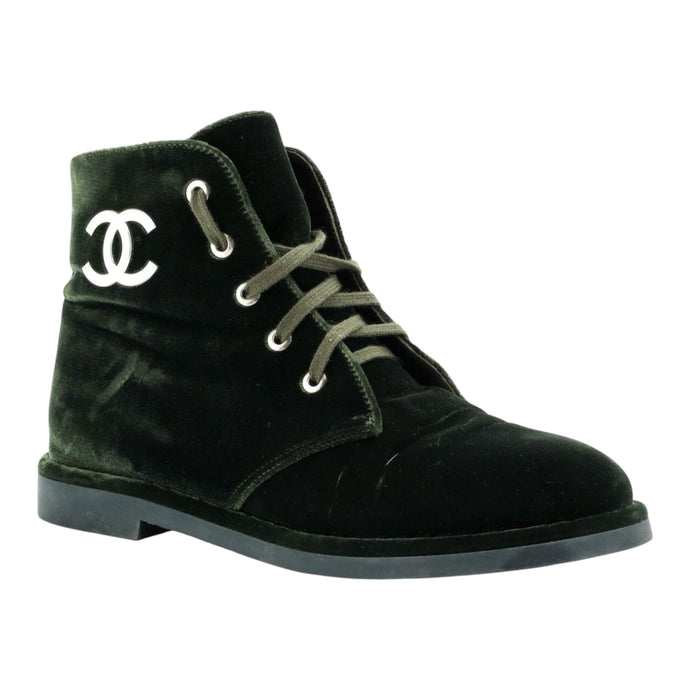 Chanel Shoes, Green Velvet Logo Ankle Boots (size 39)