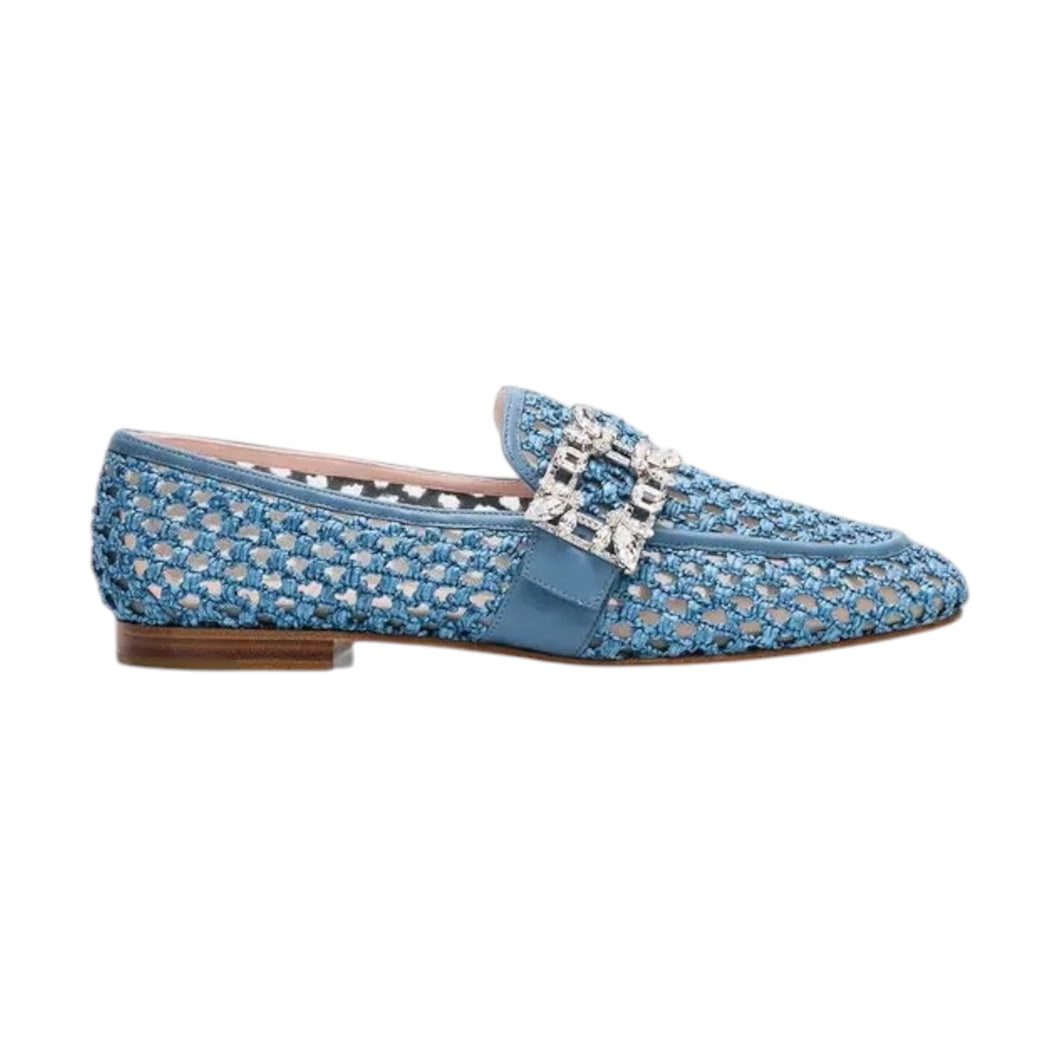 Roger Vivier Shoes, Blue Raffia Crystal Buckle Loafers (size 38)