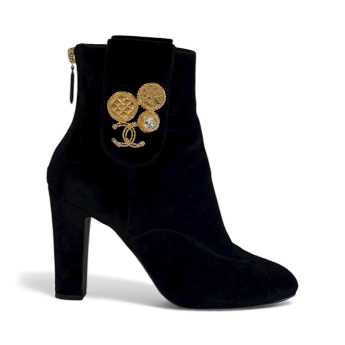 Chanel Shoes, Black Velvet Heeled Boots (size 37.5)
